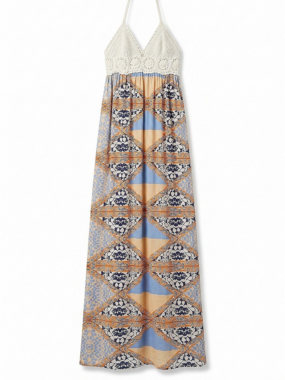 NWT! Versona Crochet Bodice Boho Maxi Dress in Cream, Blue & Tan